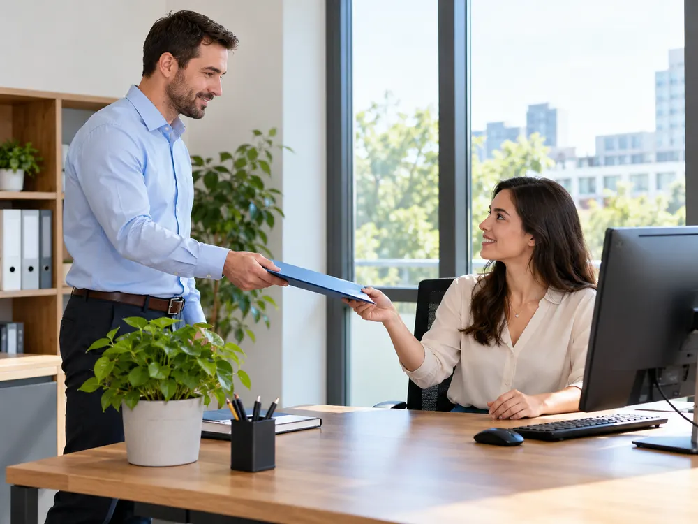 Trong văn phòng, một người đàn ông đứng đưa tập hồ sơ màu xanh qua bàn cho một phụ nữ đang ngồi; trên bàn có màn hình, bàn phím, chậu cây.