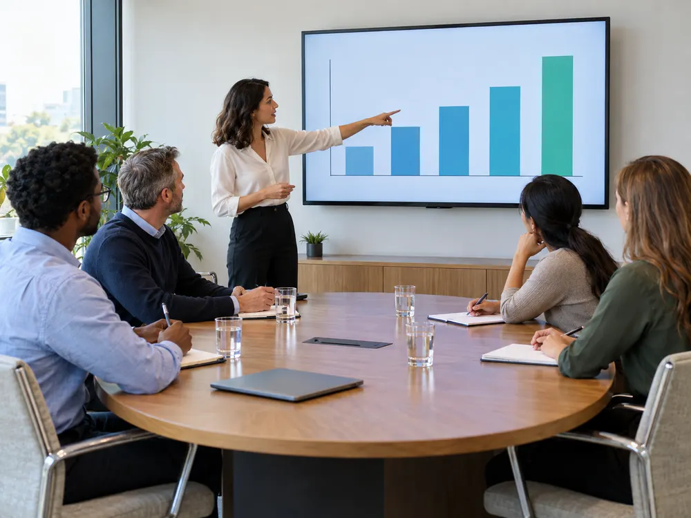 Phòng họp: một phụ nữ đứng cạnh màn hình lớn trên tường, tay chỉ vào biểu đồ cột; bốn người ngồi quanh bàn tròn có ly nước, sổ tay và một máy tính xách tay đang gập.